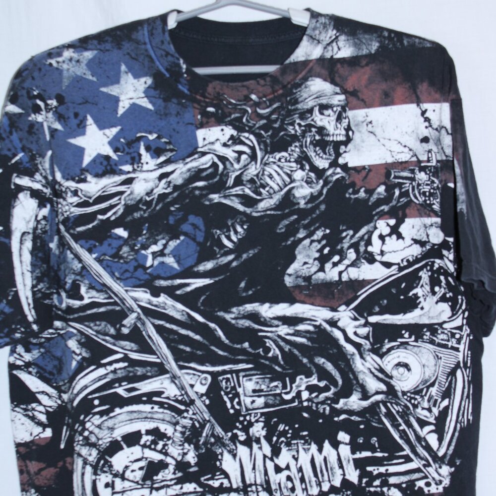 Miami Ink T-Shirt Mens XXL Black Death on Motorcycle with Scythe USA Flag 2XL